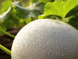 gourd. Morning dew drops on the curved surface of a round green gourd. gardening catalogs, home-decor guides, designed for home decor and floral branding, used by photographers.