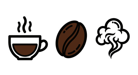 Coffee Icons - Cup, Bean, and Aroma in Bold Outline.