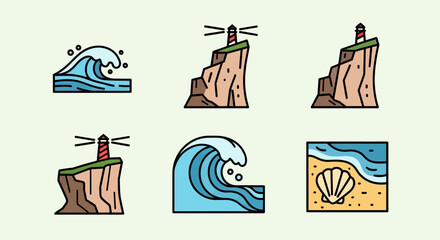 Coastal Icon Set - Waves, Lighthouses, and Beach Scene.