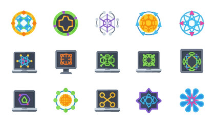 Collection of Abstract Geometric Designs and Technology Icons.