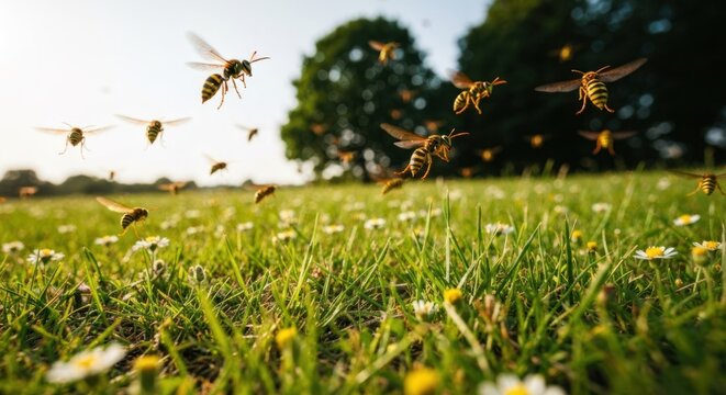 Many wasps swarm over a sunny field of grass and daisies