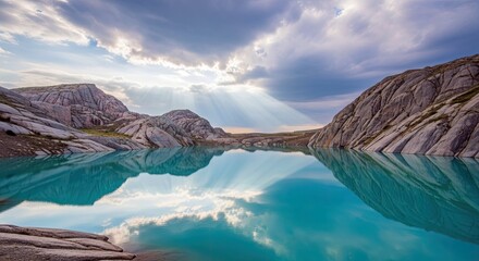 A scenic landscape featuring a turquoise lake reflecting mountains and a dramatic sky with sunbeams. The image captures the beauty of nature.