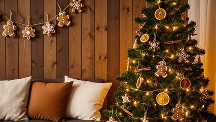 Cozy Christmas scene with a decorated tree, gingerbread garland, pillows on a couch, and wooden wall.