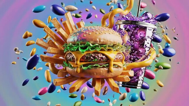 Fantastic delicious burger with fries and sauce on a colorful background