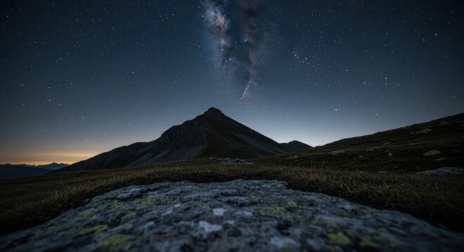 Mountain peak under a starry night sky, shot from ground level