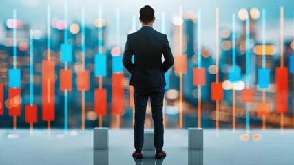 Strategic Visionary: A silhouette of a businessman, sharply dressed in a suit, stands confidently, gazing at an illuminated stock chart in an urban skyline.