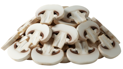 A healthy mound of freshly sliced white button mushrooms, perfect for culinary use, showcasing natural texture and appeal, expertly isolated on a transparent background