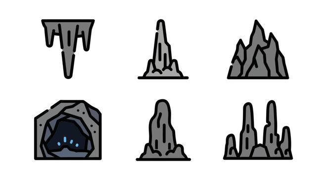 Cartoon Cave Formations - Stalactites, Stalagmites, and Cave Entrance Illustrations.