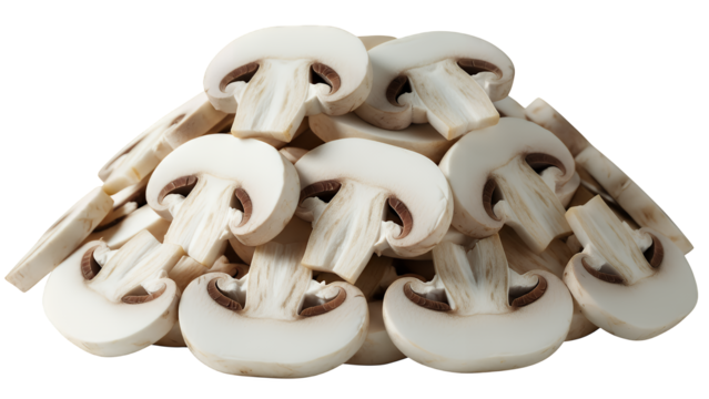 A healthy mound of freshly sliced white button mushrooms, perfect for culinary use, showcasing natural texture and appeal, expertly isolated on a transparent background