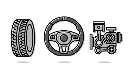 Car Parts - Tire, Steering Wheel, and Engine Illustration.