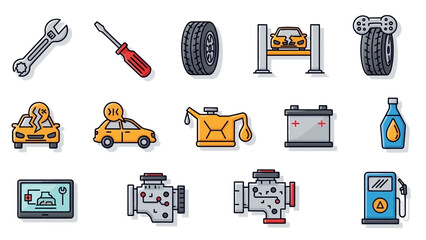 Car Repair and Maintenance Icons Set - Wrench, Screwdriver, Tire, Lift, and More.