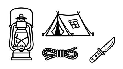 Camping Essentials - Lantern, Tent, Rope, and Knife Illustration.