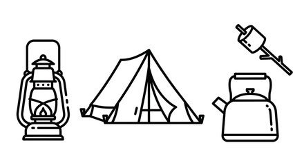 Camping Essentials - Lantern, Tent, Kettle, and Marshmallow Line Art.