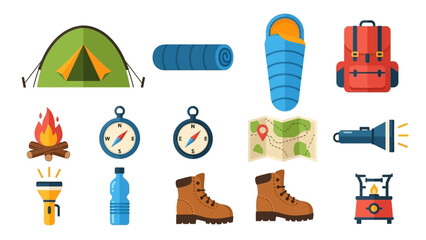 Camping Essentials - Tent, Backpack, Compass, Boots, and More for Outdoor Adventures.