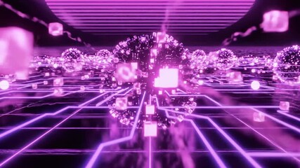 Futuristic scene with neon pink glowing spheres, cubes, and grid lines. Dark, ambient - Powered by Adobe