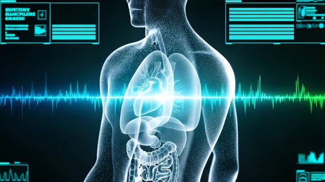 Futuristic medical illustration of the human anatomy with vital signs displayed
