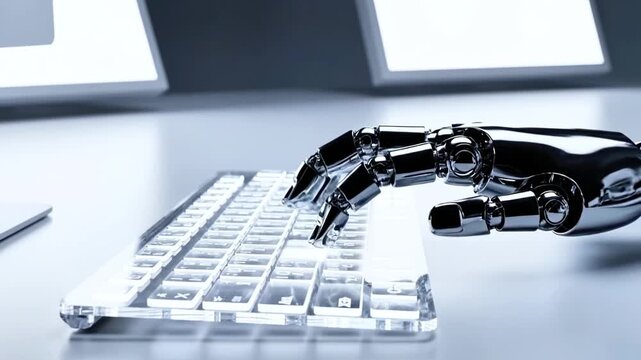 A chrome robot hand types on a transparent, illuminated keyboard, futuristic technology concept
