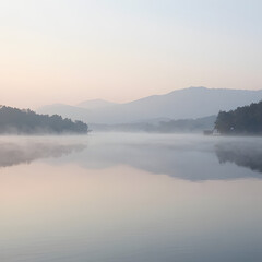 Fototapeta premium Soft dreamy haze over calm lake with reflections, painterly style