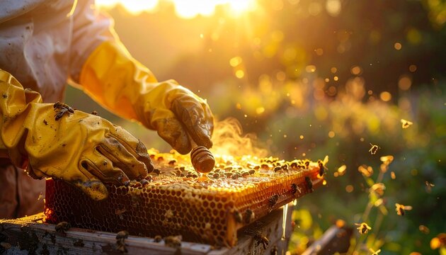 Beekeeper Harvesting Honeycomb with Dipper in Sunny Apiary