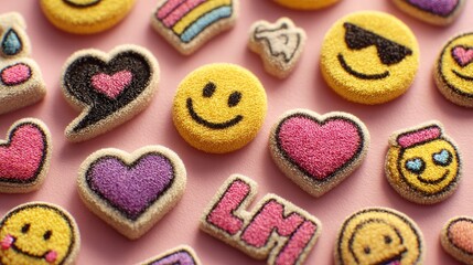 Emoji stickers featuring smiley faces and hearts are scattered on a pink background representing love fun and playful expressions perfect for social media communication design elements scrapbook craf