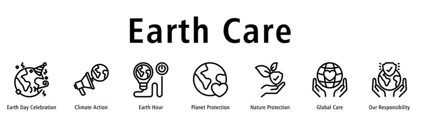 Earth Care web banner icon vector illustration with icons of Earth Day Celebration, Climate Action, Earth Hour, Planet Protection, Nature Protection, Global Care, and Our Responsibility.