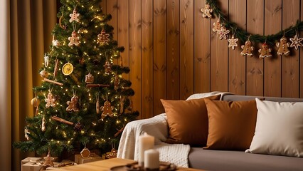 Cozy living room decorated for Christmas with festive ornaments and warm lighting.