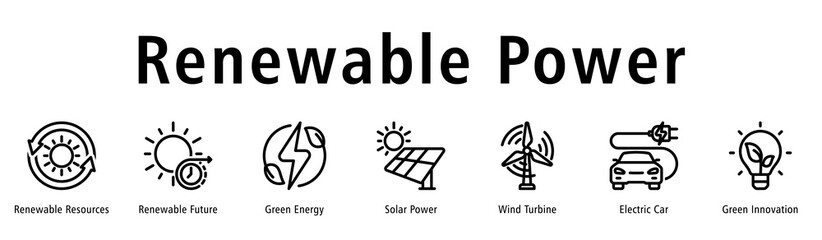Renewable Power web banner icon vector illustration with icons of Renewable Resources, Renewable Future, Green Energy, Solar Power, Wind Turbine, Electric Car, and Green Innovation.