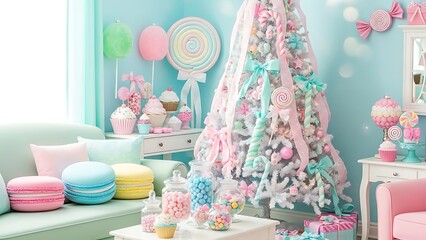 A whimsical interior scene featuring a decorated Christmas tree and candy-themed decorations.