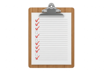 Clipboard with checklist and red checkmarks isolated on transparent background