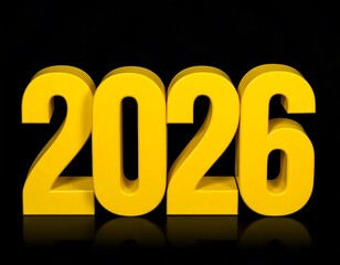 Bold, 3D yellow digits "2026" displayed against a solid black background, with a subtle reflection