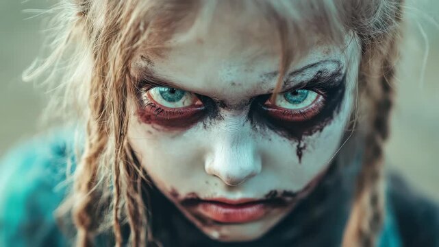 Creepy Girl Portrait: A haunting portrait of a girl with zombie makeup and an intense stare, her piercing blue eyes and sinister expression conveying a sense of dread and horror.