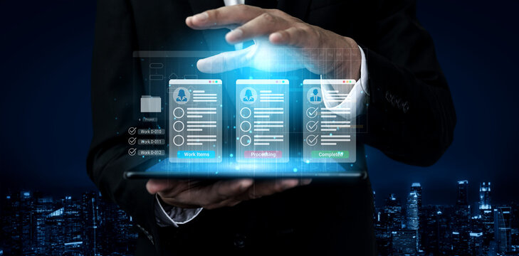 Digital interface displaying project tasks under Work Items, Processing, and Completed categories with Gantt chart timeline visualization Parse