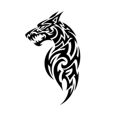 Fototapeta premium Tribal wolf tattoo design in black and white featuring a snarling wolf head with intricate swirling patterns