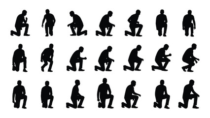 Kneeling and crouching men silhouettes isolated on white background, Vector