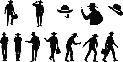 Cowboy silhouette and accessory illustration set, western attire and gesture poses, hat and boot vector, black and white graphic