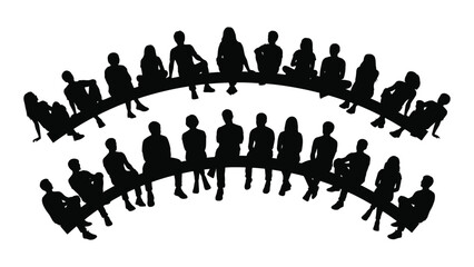 Group of people silhouettes sitting in a circle isolated on white background, Vector