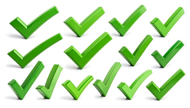 Assortment of vibrant, glossy, three-dimensional green checkmarks displayed at various angles on a stark white background