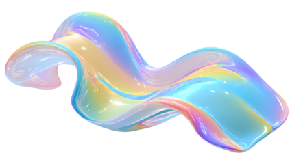 Iridescent fluid wave shape with soft pastel color gradients flowing and swirling abstract organic form isolated on transparent background
