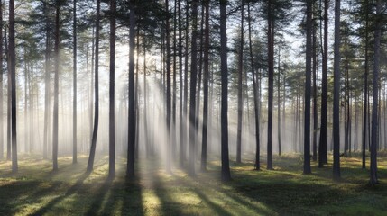 Fototapeta premium confinement. Atmospheric pine forest with morning mist and gentle light filtering through trees. travel magazines, destination branding, designed for outdoor magazines and nature guides.