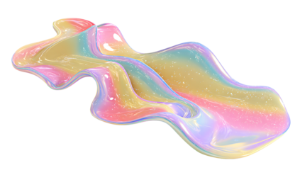 Abstract iridescent fluid wave shape with soft pastel colors and shimmering highlights isolated on transparent background