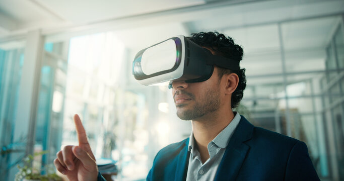 VR, headset and man in office with point, concept development or testing of virtual prototype. Space, digital or graphic designer in agency with tech, idea modeling or ux review in product evaluation