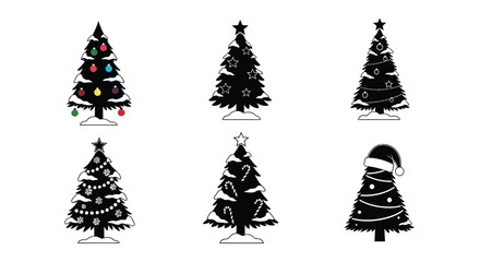 Collection of black and colorful christmas trees with holiday decorations