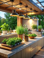 Exotic herbs thrive in modern outdoor kitchens, adding aroma and style to al fresco dining
