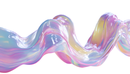 Iridescent fluid wave abstract shape flowing smoothly with soft pastel colors isolated on transparent background