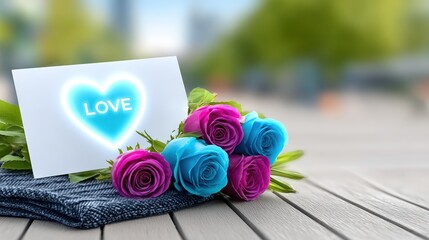 Romantic gesture with colorful roses and love note outdoor setting floral arrangement bright environment close-up view love concept