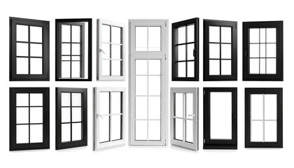 Assortment of windows in various styles, colors (black and white), and opening positions, on a white background