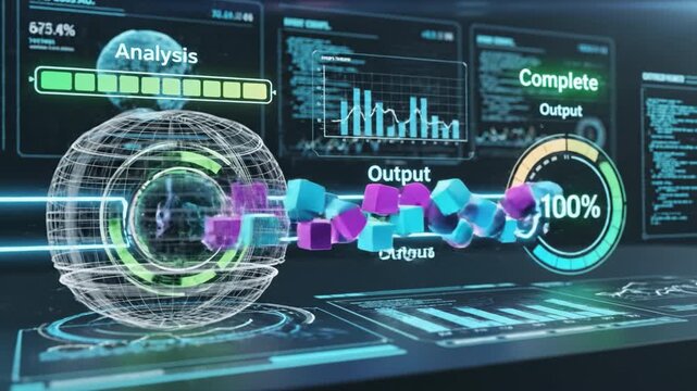 Data analysis visualization digital interface futuristic technology holographic screen output flow progress bar display virtual dashboard processing node glowing blue green elements high tech