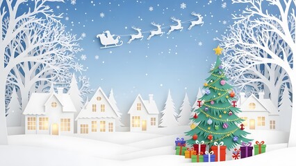 Naklejka premium Magical Christmas Eve scene with Santa's sleigh flying over snowy village