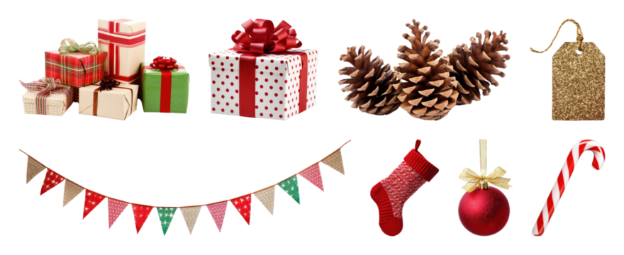 PNG Festive holiday decorations collection, element set on transparent background - Powered by Adobe