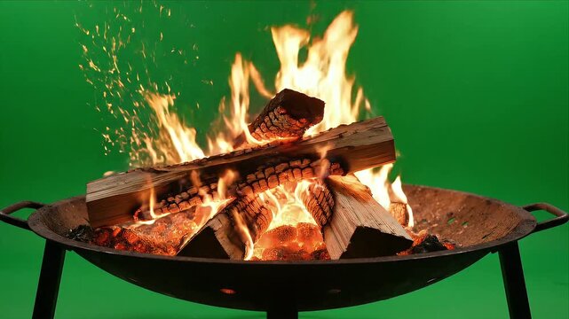 Burning Logs in Fire Pit with Flames and Smoke on Green Screen